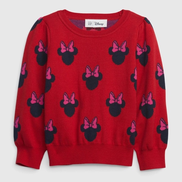 GAP x DISNEY EUC 100% Cotton Minnie Mouse Bow Puff Shoulders Red Pink Sweater - Picture 1 of 2
